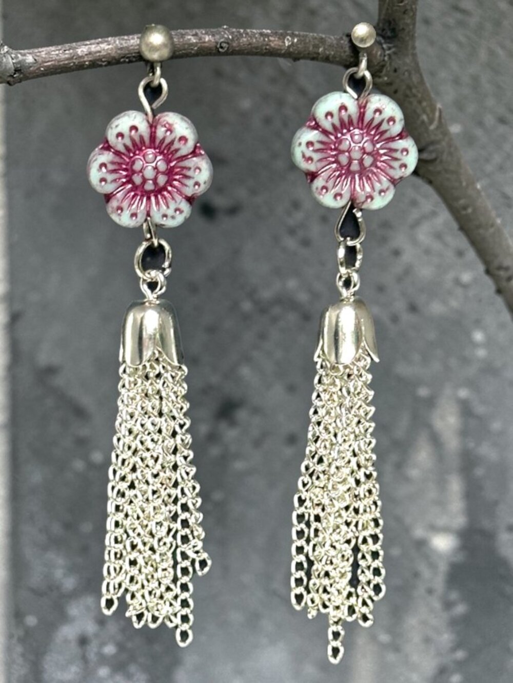 Silver Tassel Earrings Czech Glass Flower Floral Dangle Stainless Steel